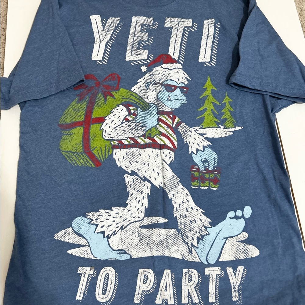 Holiday Time  Graphic Tee in Blue ‘ Yeti to Party ‘ Ugly Christmas Party Shirt